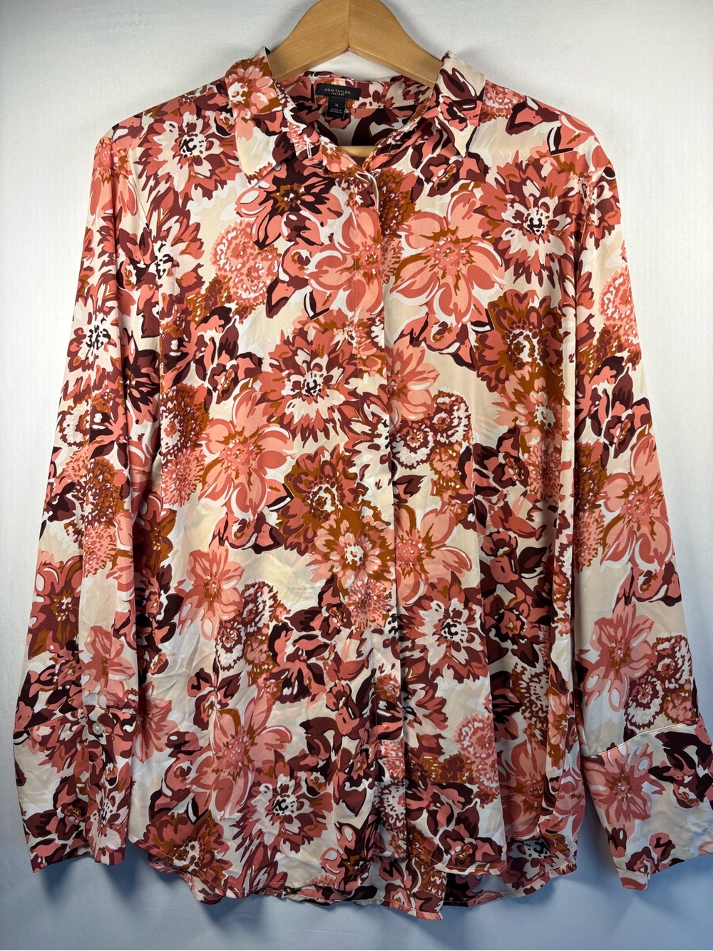 Ann Taylor Factory Floral Print Button-Up Long Sleeve Blouse Top Size XL EUC